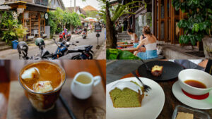 Collage of places to hang out in Ubud: street, Seniman Coffee Studio, iced latte coffee, and green cake