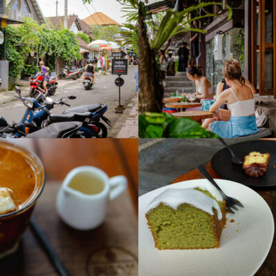 Collage of places to hang out in Ubud: street, Seniman Coffee Studio, iced latte coffee, and green cake