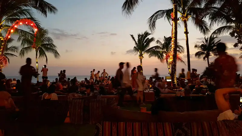 The atmosphere of the Beach Club in Seminyak at sunset