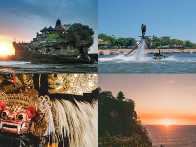 Collage of Bali attractions including traditional Barong dance, flyboarding, Tanah Lot and Uluwatu temple, beach sunset.