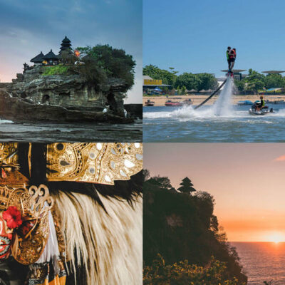 Collage of Bali attractions including traditional Barong dance, flyboarding, Tanah Lot and Uluwatu temple, beach sunset.