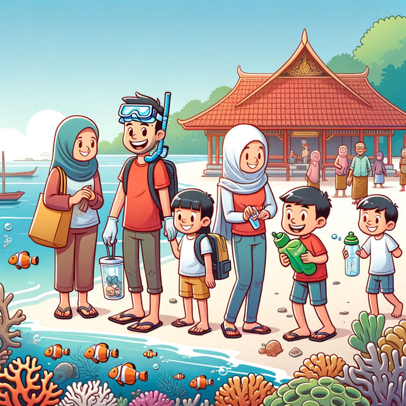 Cartoon of family practicing responsible tourism at Labuhan Amuk Beach, Bali