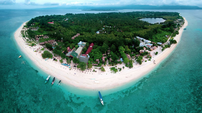 Aerial view of Gili Meno island surrounded by turquoise waters