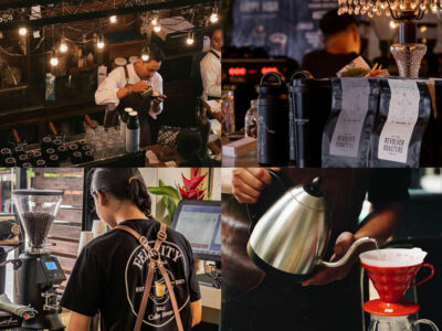 Montage of Seminyak's top coffee spots with baristas, coffee bags, and brewing process