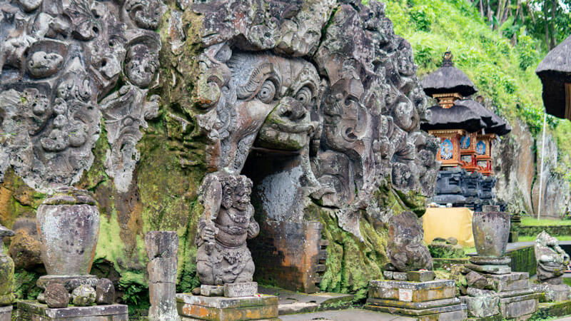 Ancient carved entrance of Goa Gajah, the Elephant Cave, in Bali