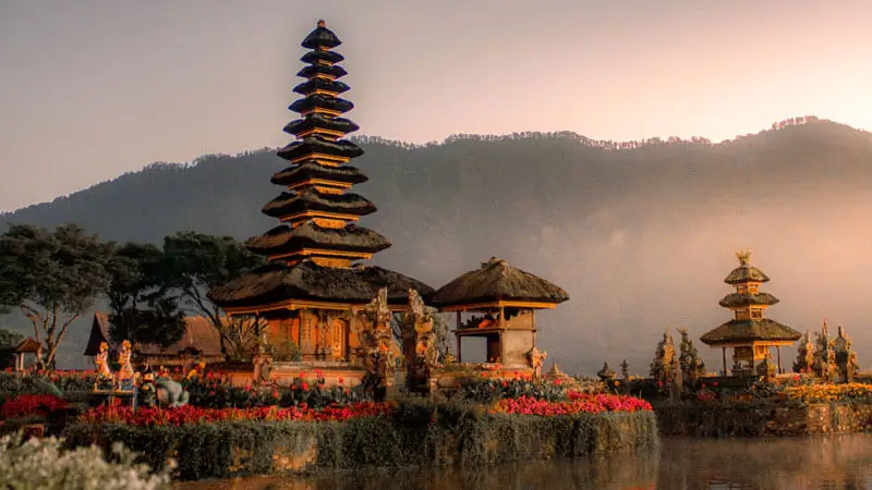 Pura Ulun Danu Beratan Temple floating on Lake Beratan, one of the best places to visit in Bali.