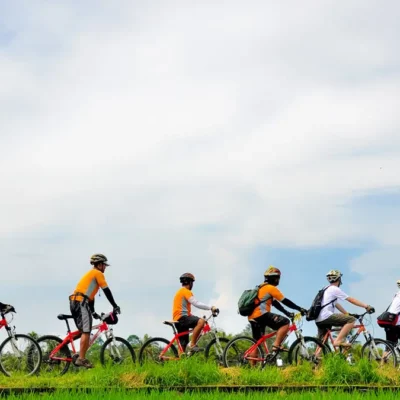 Families enjoy holidays in Ubud by cycling in the area beside the rice fields.