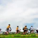 Families enjoy holidays in Ubud by cycling in the area beside the rice fields.