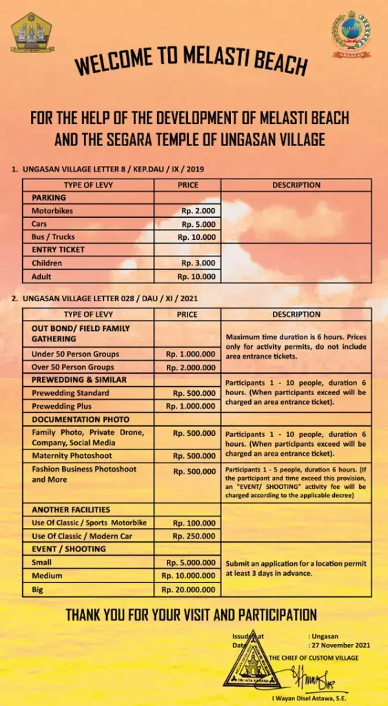 Details of entrance ticket prices for Melasti Beach Ungasan