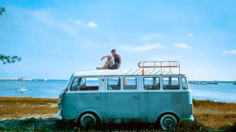 Vintage view in Sanur with classic van near the beach