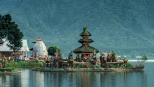 Scenic view of Ulun Danu Beratan Temple by the lake.