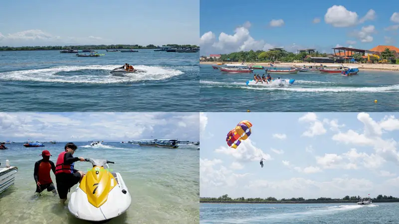 Tourists enjoying Bali Parasailing, Jet Ski & Banana Boat Package at Tanjung Benoa Beach.